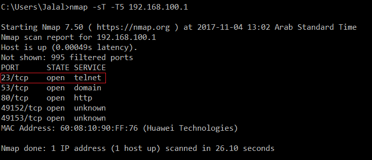 Using nmap to scan for open TCP ports, we can see that port 23 is open and that telnet is listening on that port..