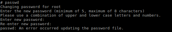 Error while attempting to change the root password